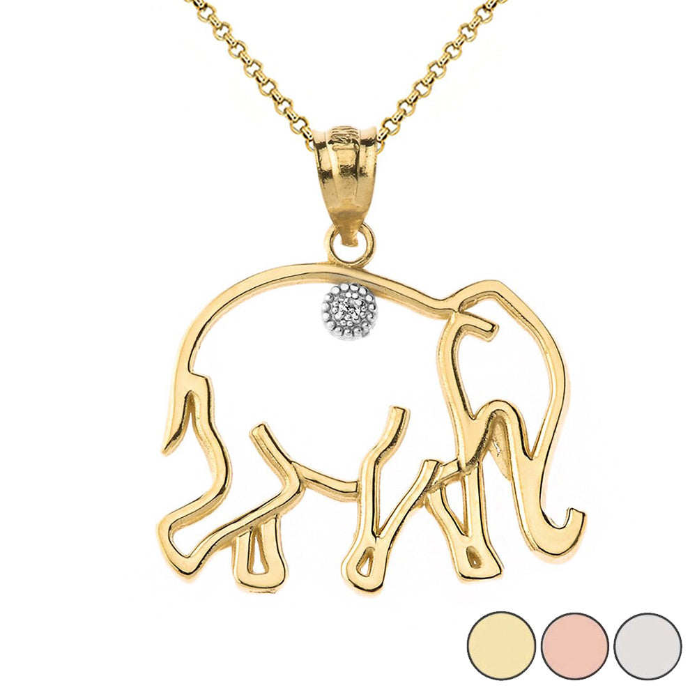 Elephant Outline Solitaire Pendant Necklace in Gold