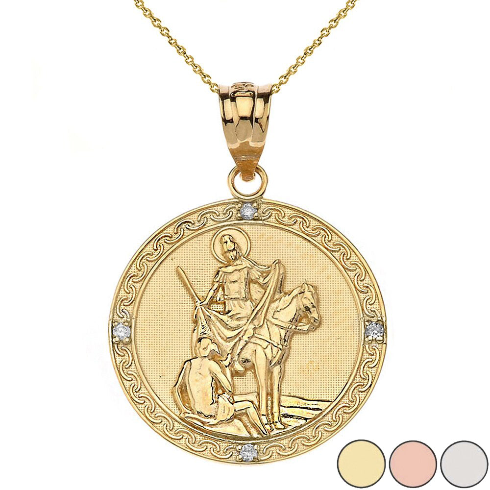 Engravable Diamond Saint Martin of Tours Pray For Us Circle Pendant Necklace (1.15") in Gold
