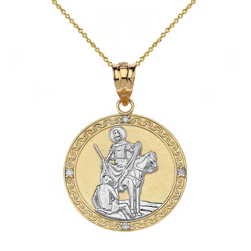 Engravable Diamond Saint Martin of Tours Pray For Us Circle Pendant Necklace (1.15") in Gold, view 2