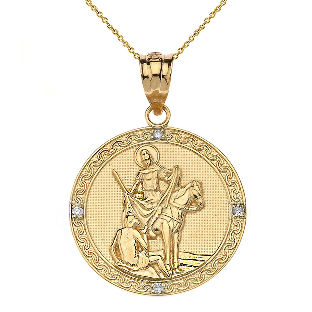 Engravable Diamond Saint Martin of Tours Pray For Us Circle Pendant Necklace (1.15") in Gold, view 3