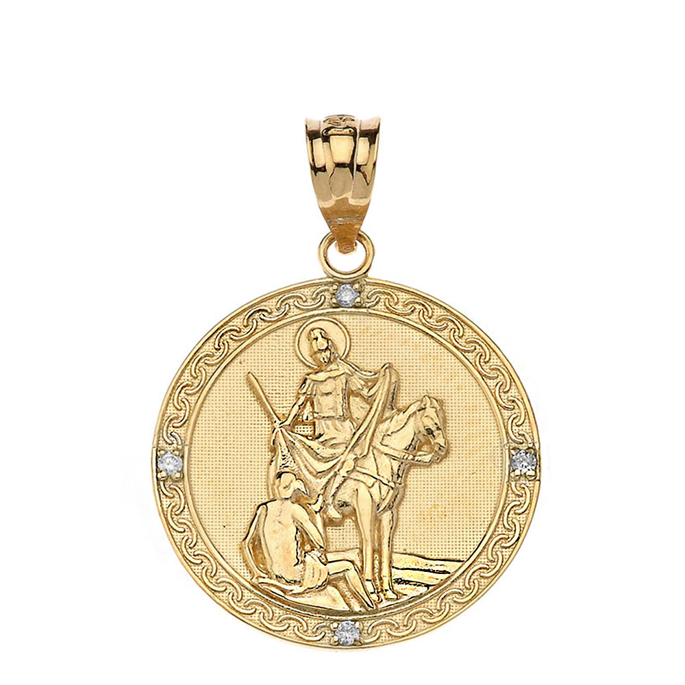 Engravable Diamond Saint Martin of Tours Pray For Us Circle Pendant Necklace (1.15") in Gold, view 4