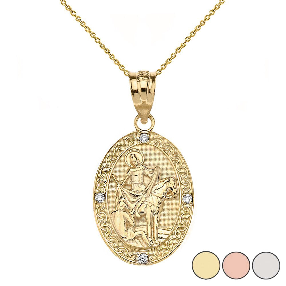 Engravable Diamond Saint Martin of Tours Pray For Us Oval Pendant Necklace (1.04") in Gold (Yellow/Rose/White/Two-Tone)
