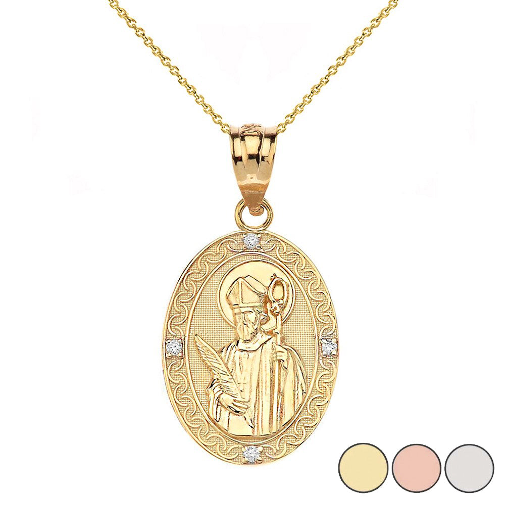Engravable Diamond Saint Valentine Pray For Us Oval Pendant Necklace (1.04") in Gold