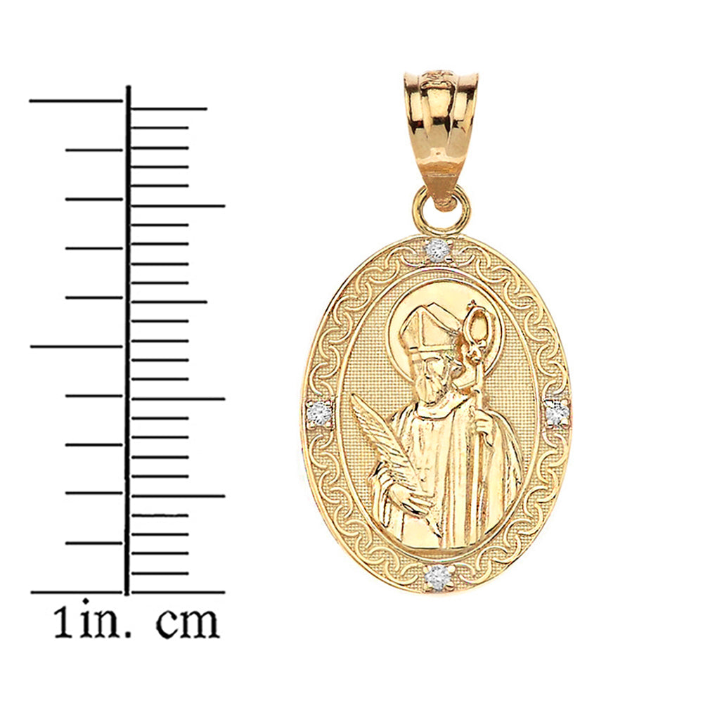Engravable Diamond Saint Valentine Pray For Us Oval Pendant Necklace (1.04") in Gold, view 4