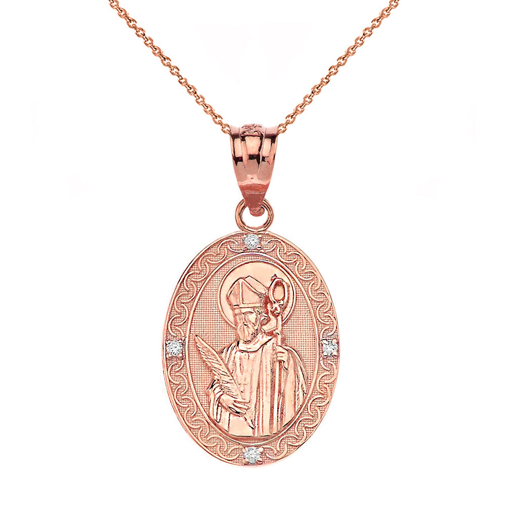 Engravable Diamond Saint Valentine Pray For Us Oval Pendant Necklace (1.04") in Gold, view 5