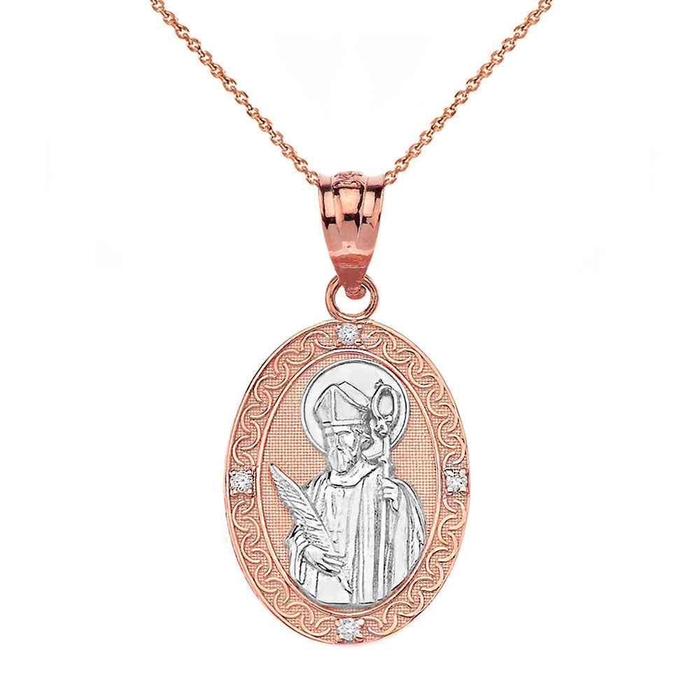 Engravable Diamond Saint Valentine Pray For Us Oval Pendant Necklace (1.04") in Gold, view 6