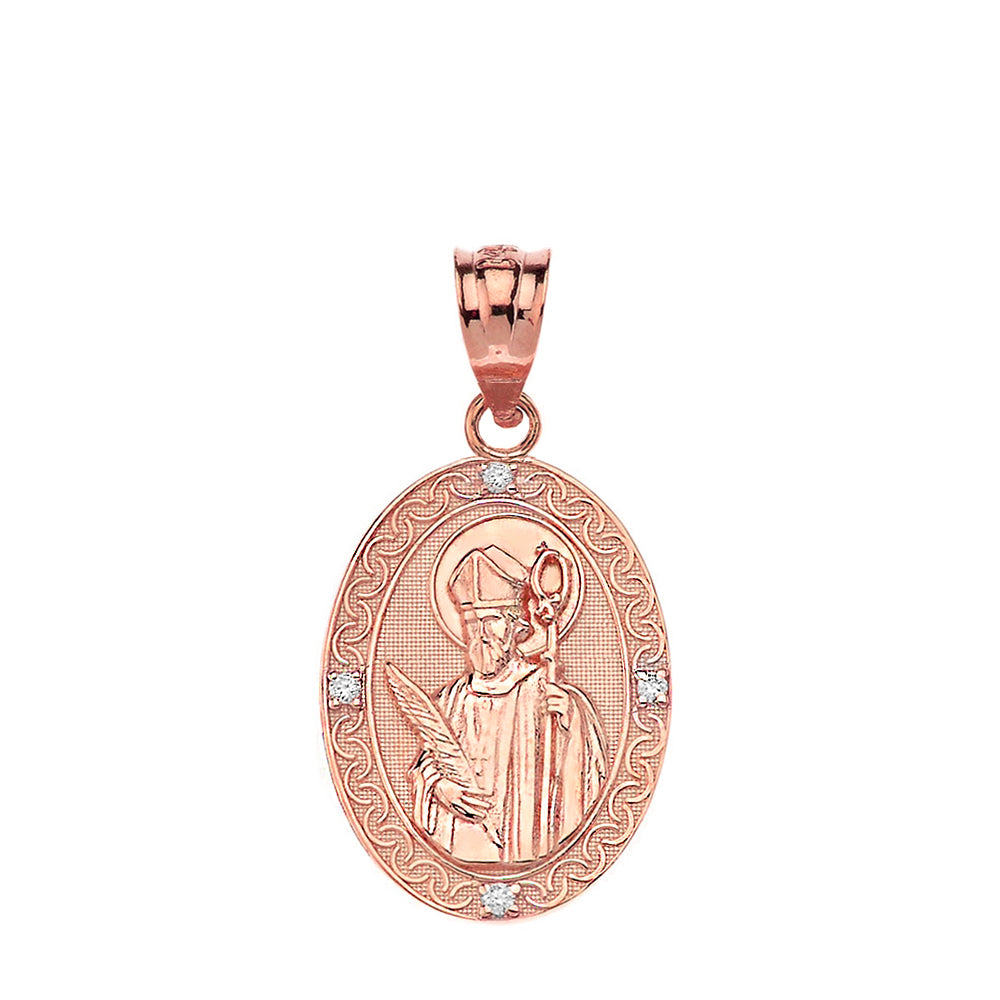 Engravable Diamond Saint Valentine Pray For Us Oval Pendant Necklace (1.04") in Gold, view 7