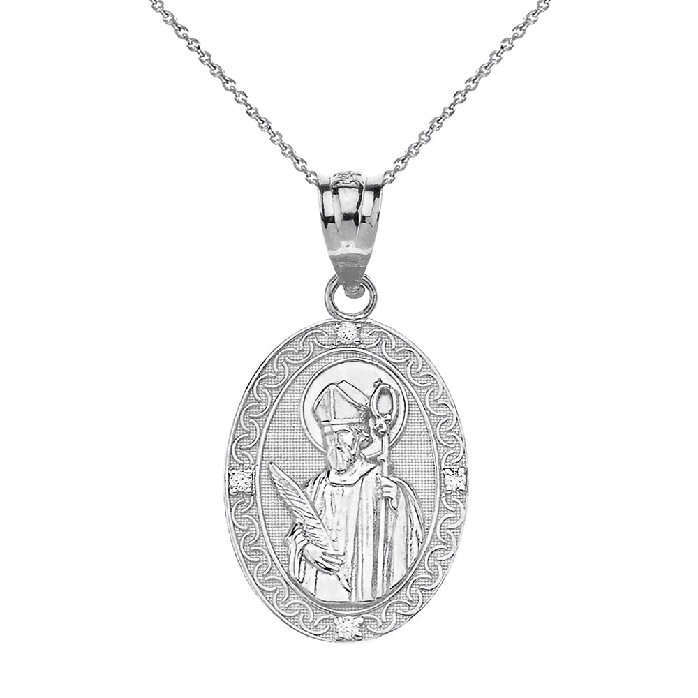 Engravable Diamond Saint Valentine Pray For Us Oval Pendant Necklace (1.04") in Gold, view 9