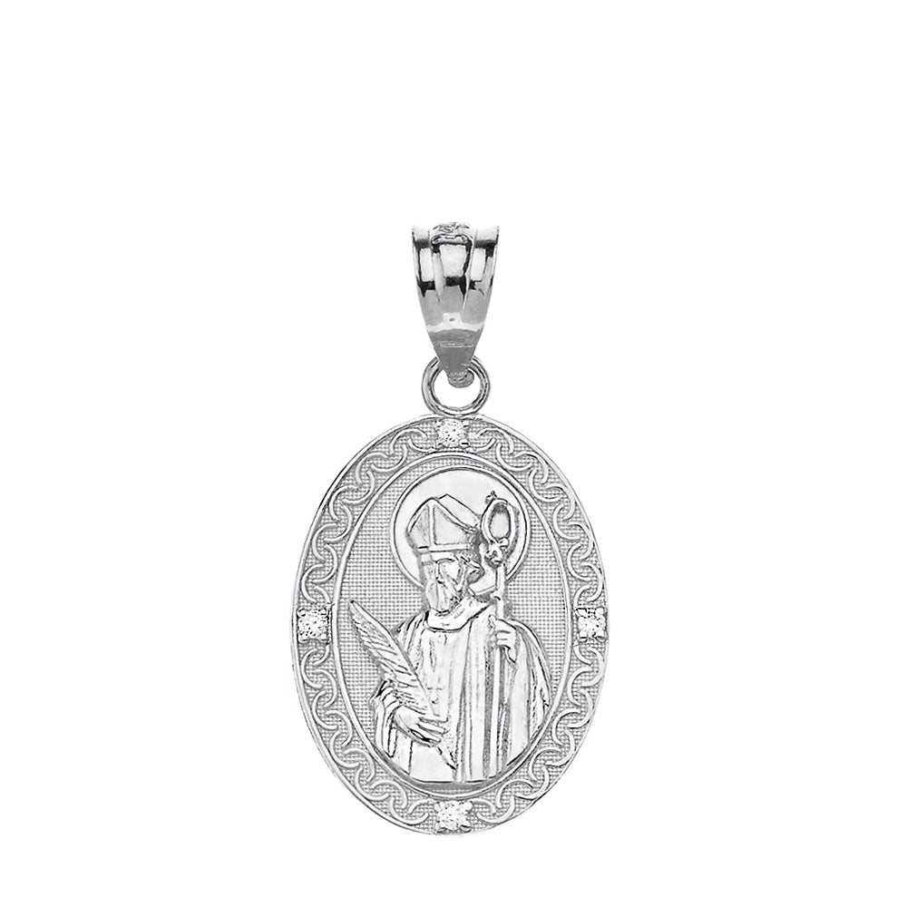 Engravable Diamond Saint Valentine Pray For Us Oval Pendant Necklace (1.04") in Gold, view 10