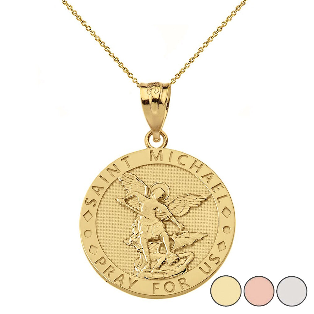 Engravable Saint Michael Pray For Us Circle Pendant Necklace in Gold