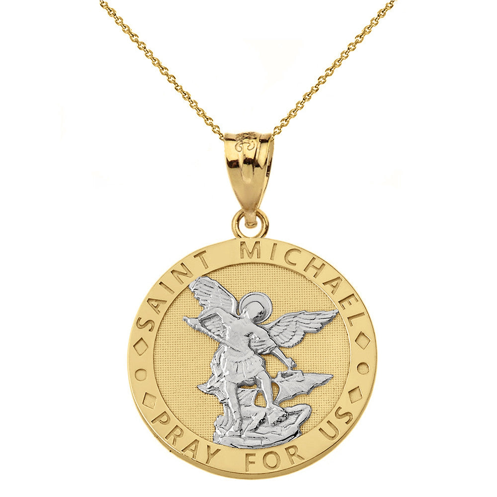 Engravable Saint Michael Pray For Us Circle Pendant Necklace in Gold, view 2