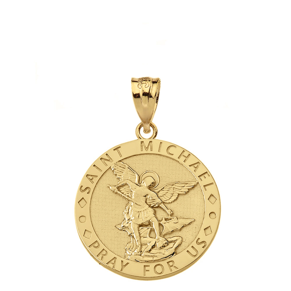 Engravable Saint Michael Pray For Us Circle Pendant Necklace in Gold, view 3