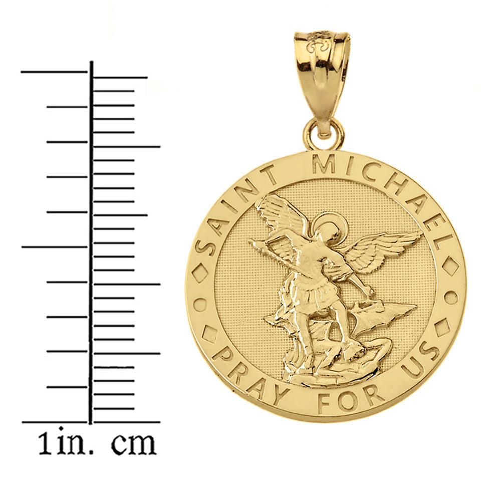 Engravable Saint Michael Pray For Us Circle Pendant Necklace in Gold, view 4