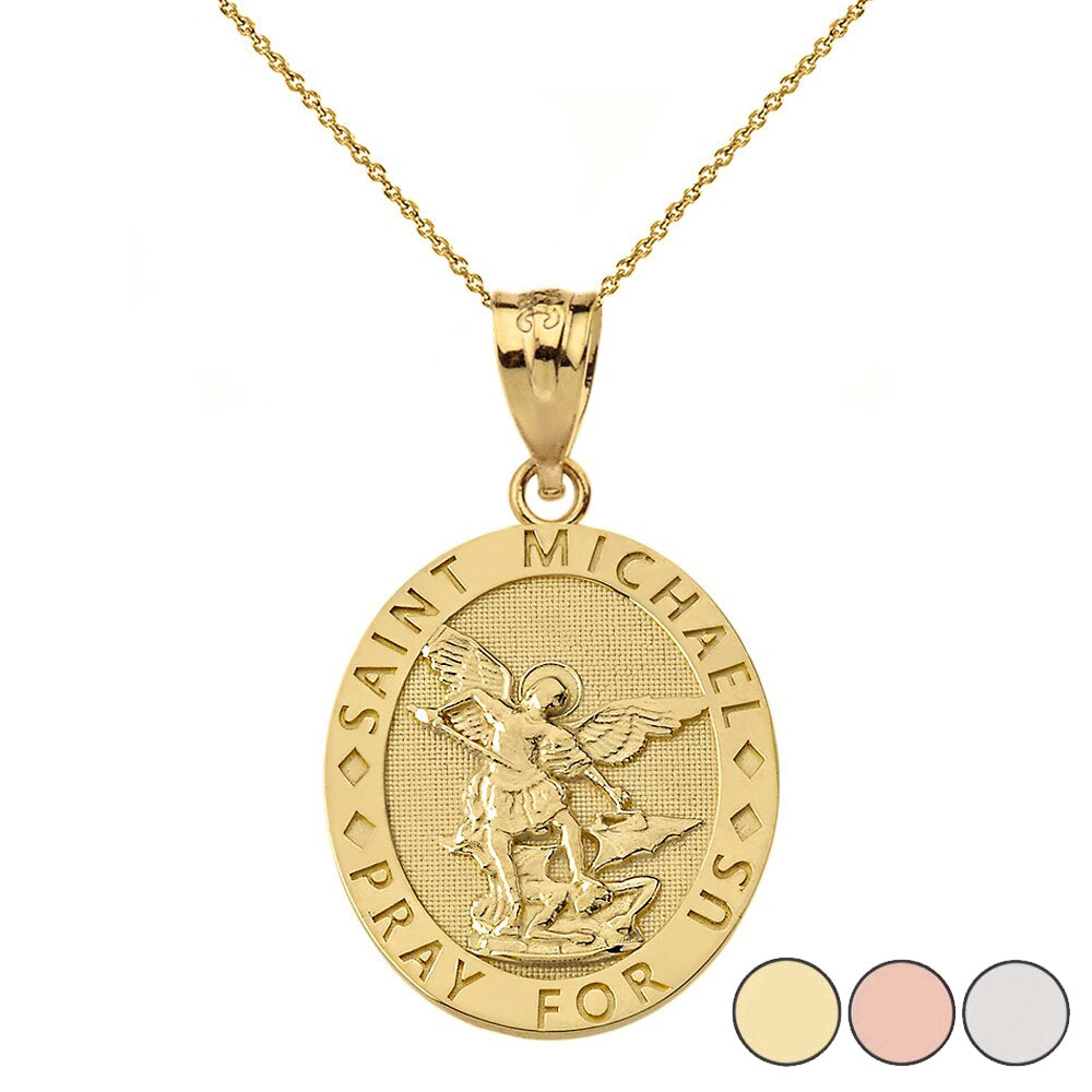 Engravable Saint Michael Pray For Us Oval Pendant Necklace in Gold