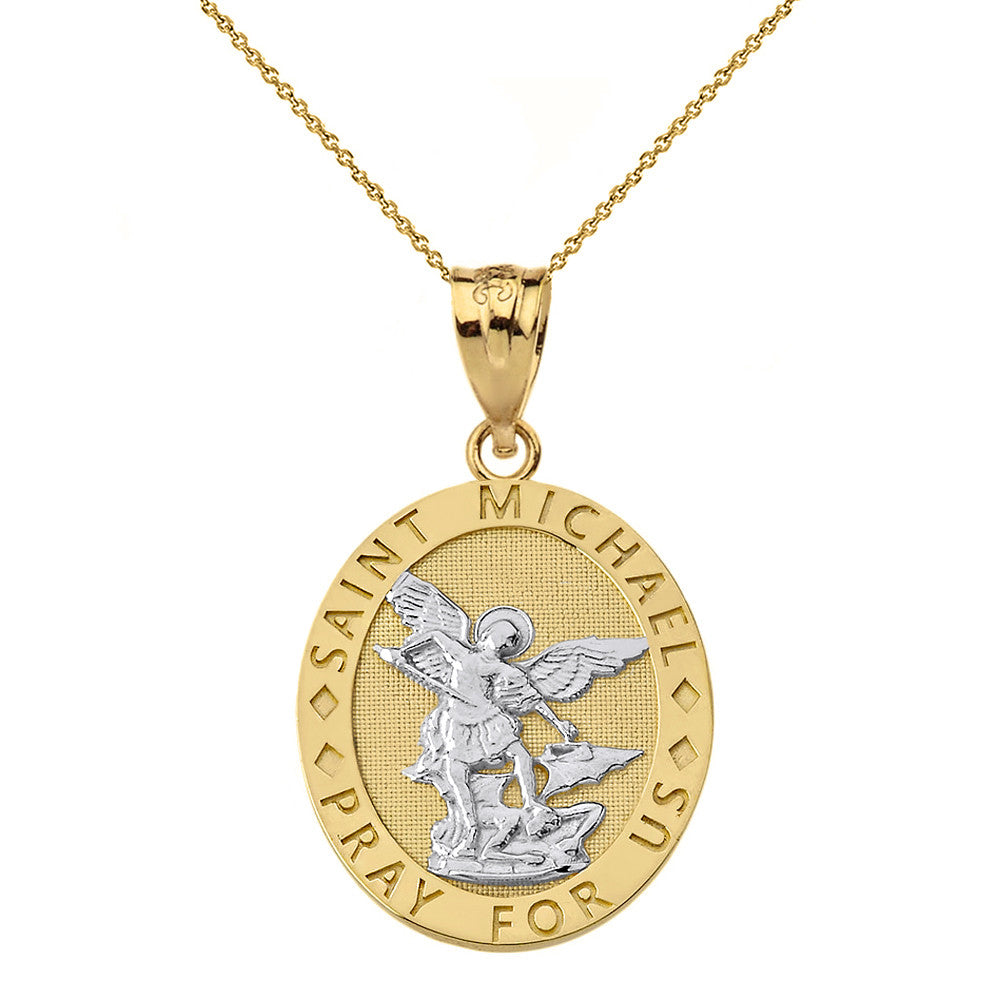 Engravable Saint Michael Pray For Us Oval Pendant Necklace in Gold, view 2
