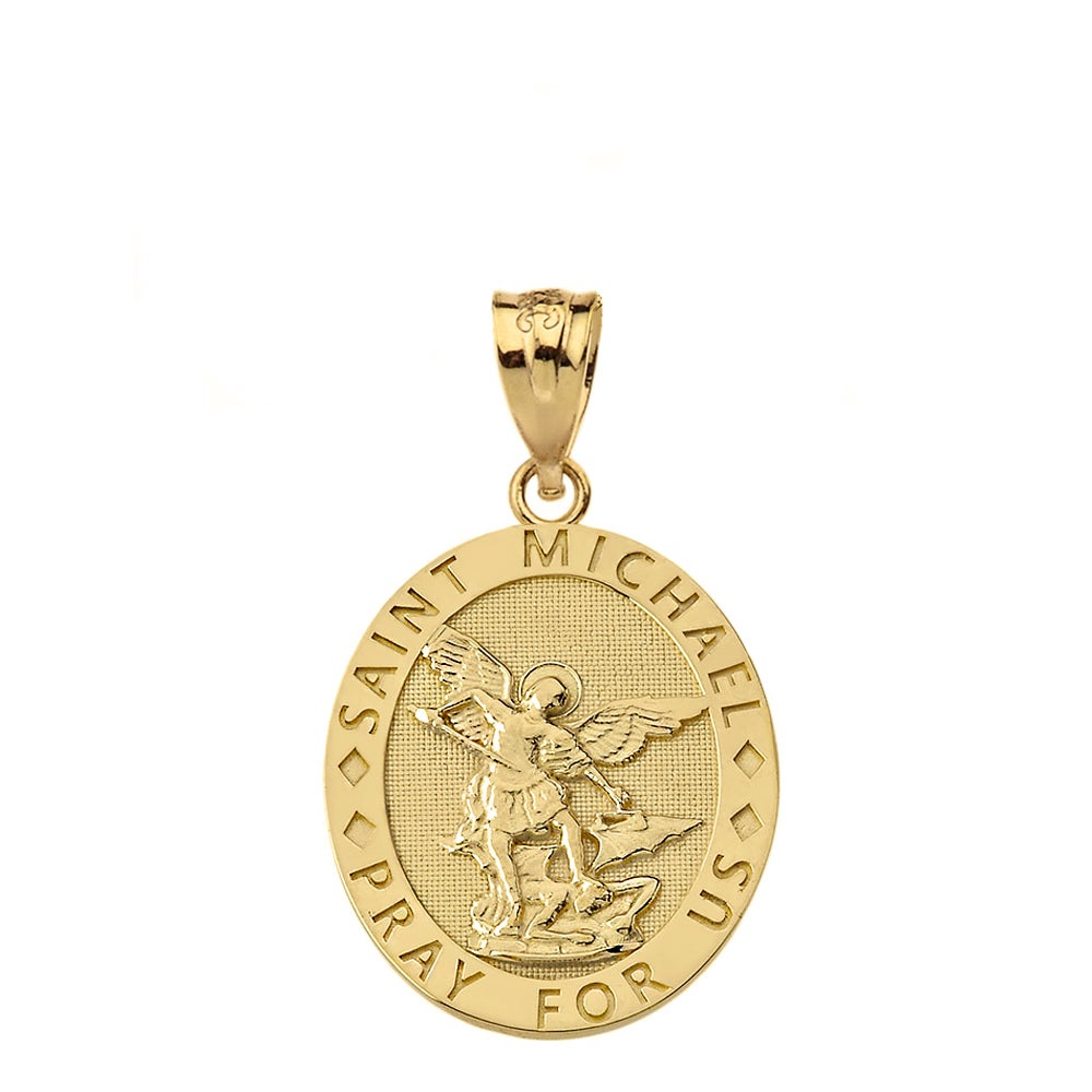 Engravable Saint Michael Pray For Us Oval Pendant Necklace in Gold, view 3