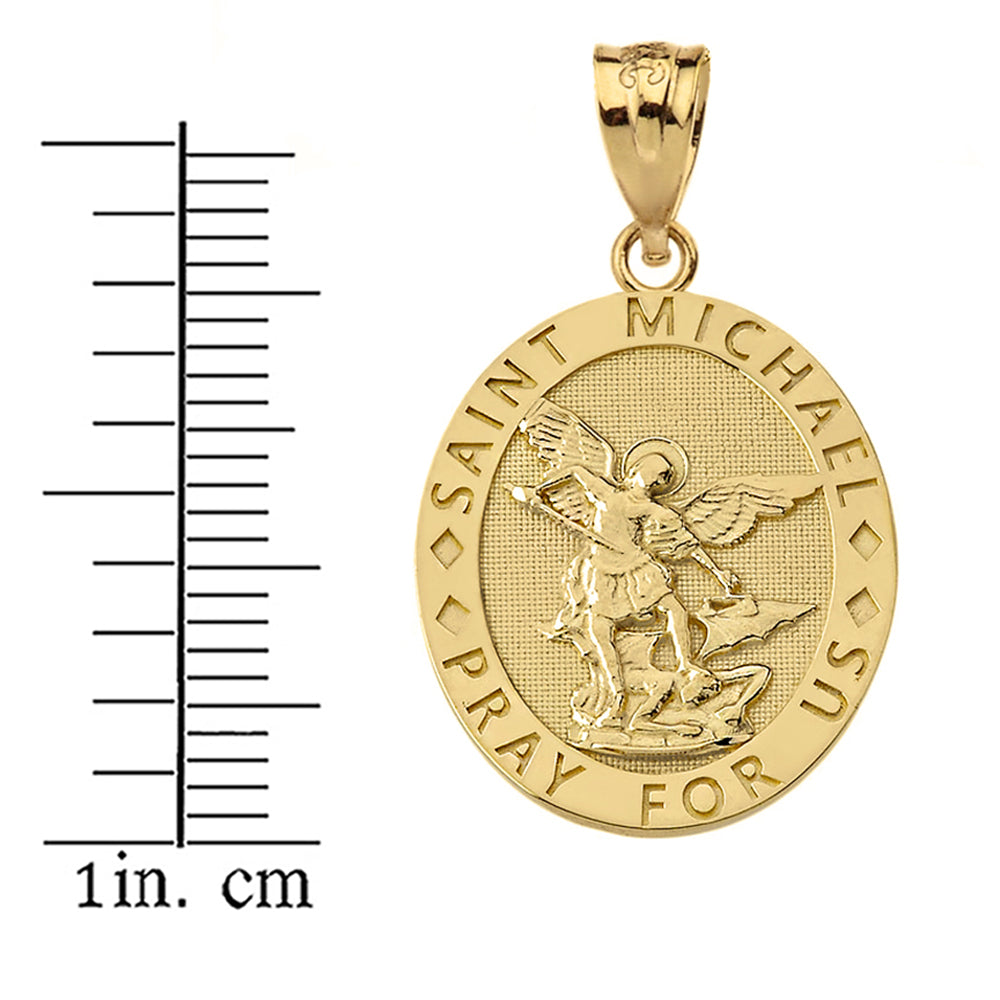 Engravable Saint Michael Pray For Us Oval Pendant Necklace in Gold, view 4