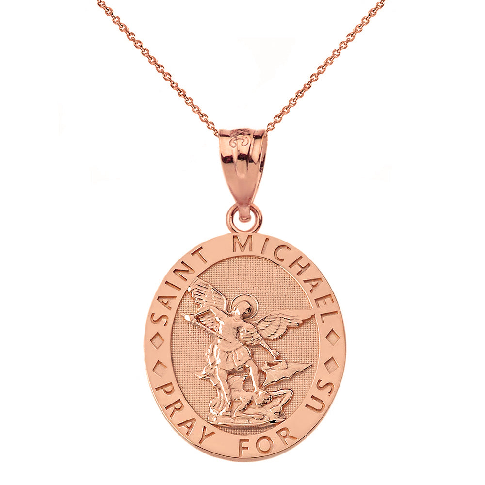 Engravable Saint Michael Pray For Us Oval Pendant Necklace in Gold, view 5