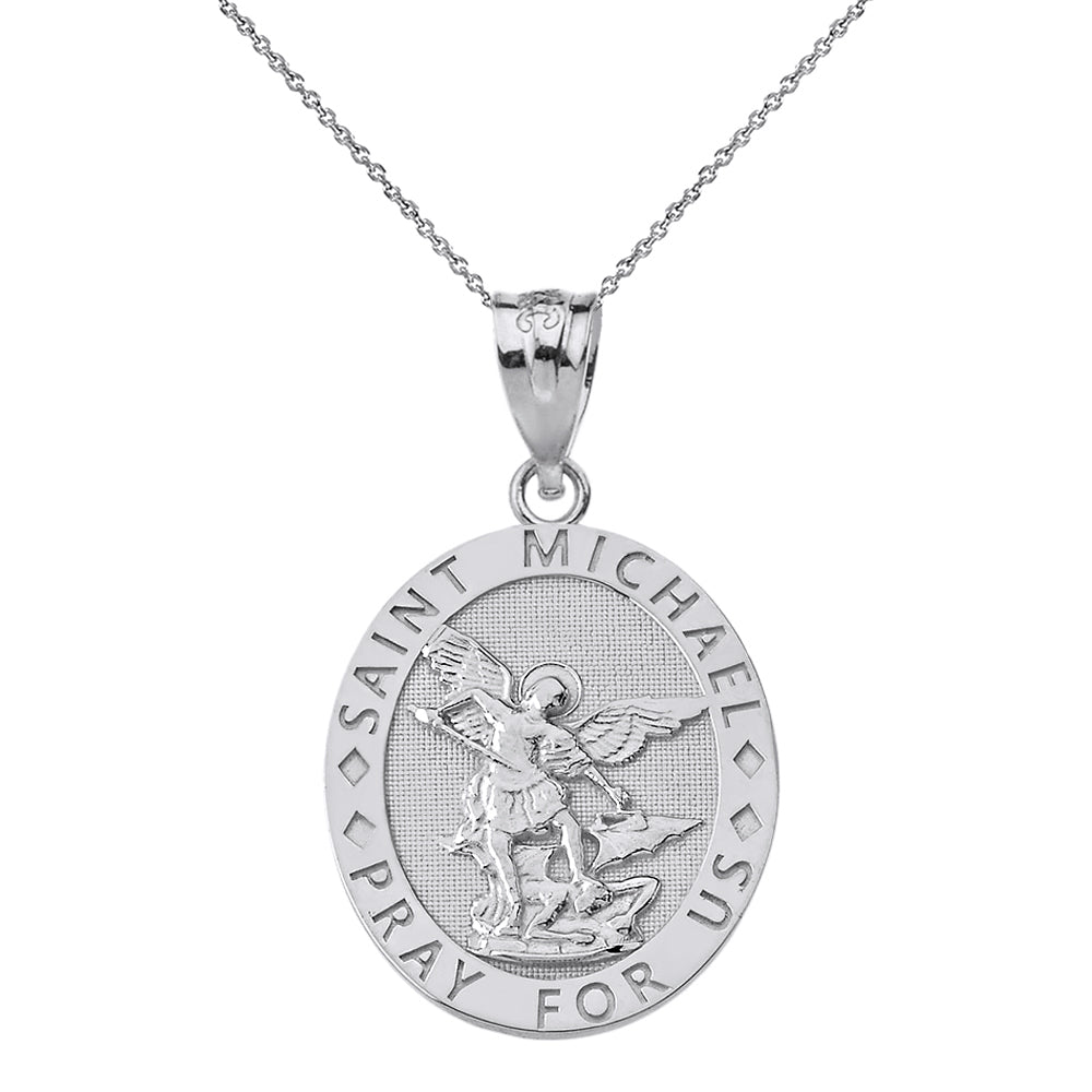 Engravable Saint Michael Pray For Us Oval Pendant Necklace in Gold, view 9