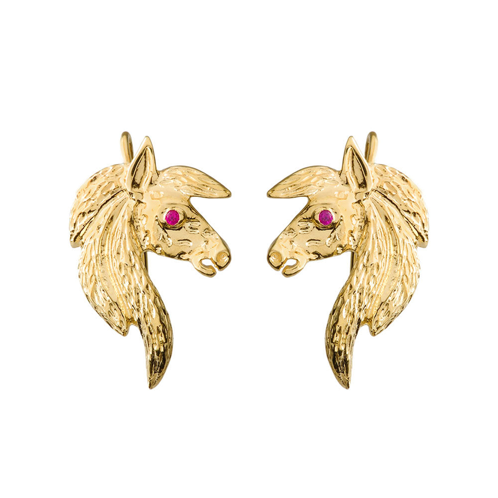 Exquisite Ruby Eyed Horse Earrings in Yellow Gold