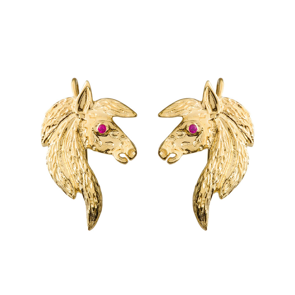 Exquisite Ruby Eyed Horse Earrings in Yellow Gold