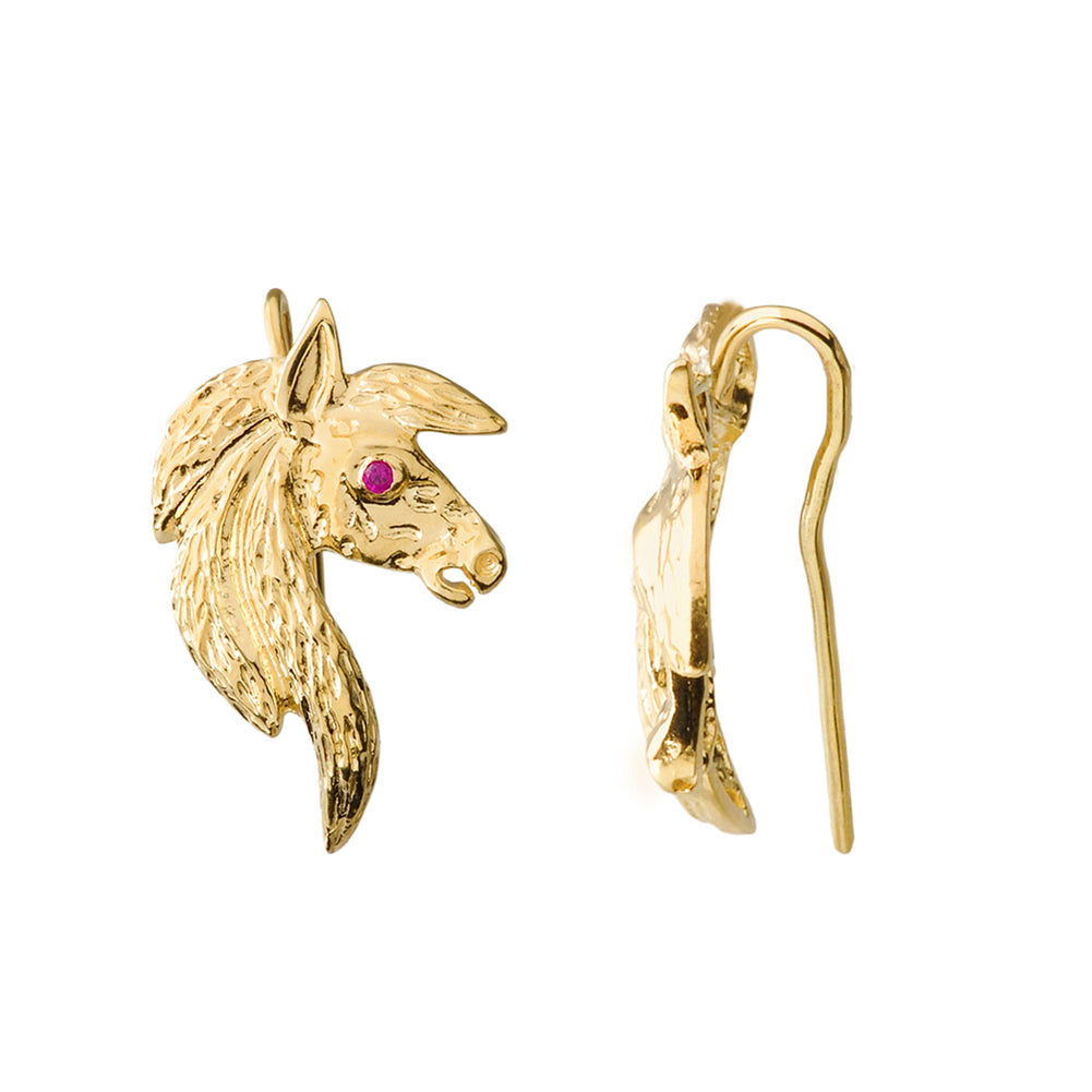 Exquisite Ruby Eyed Horse Earrings in Yellow Gold, view 2