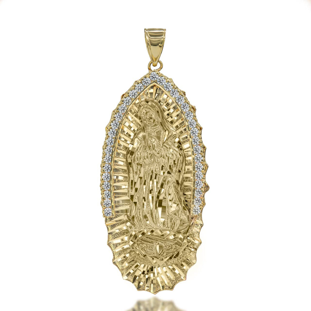 Extra Large CZ Studded Our Lady of Guadalupe Pendant in Gold