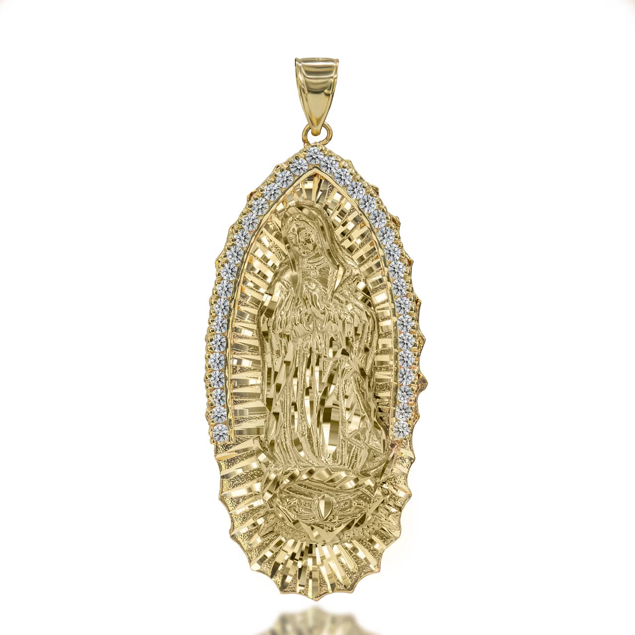 Extra Large CZ Studded Our Lady of Guadalupe Pendant in Gold
