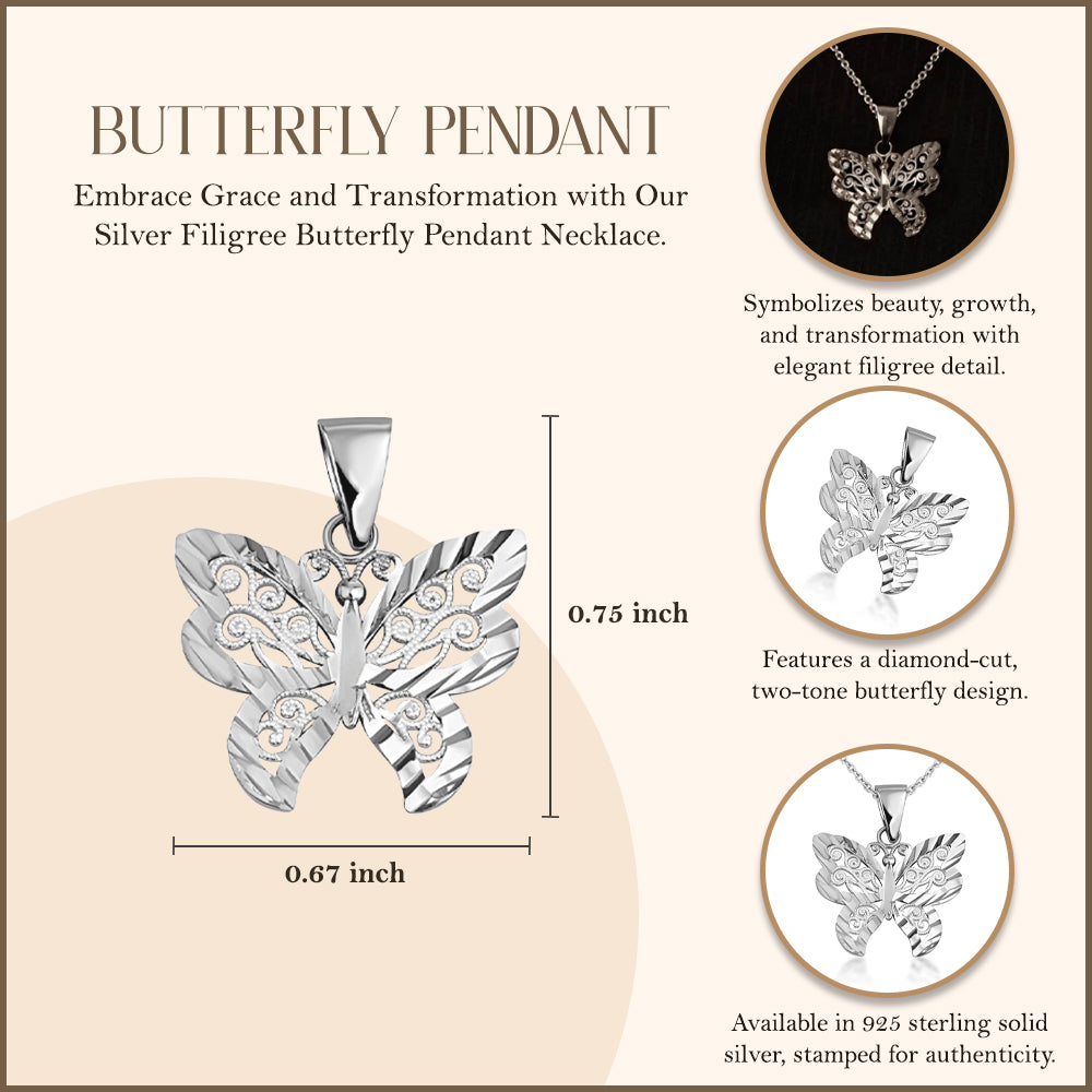 Filigree Butterfly Pendant Necklace in Sterling Silver, view 3