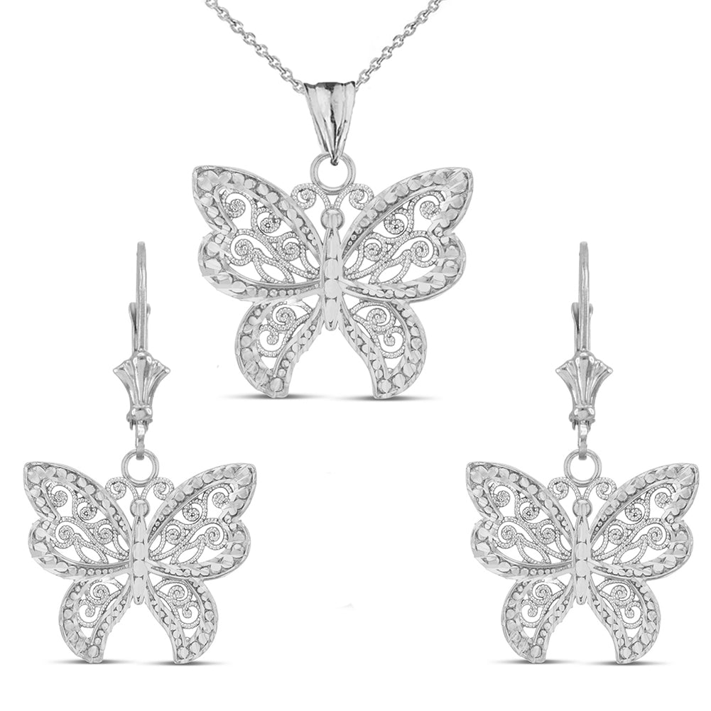 Filigree Butterfly Pendant Necklace Set in Sterling Silver
