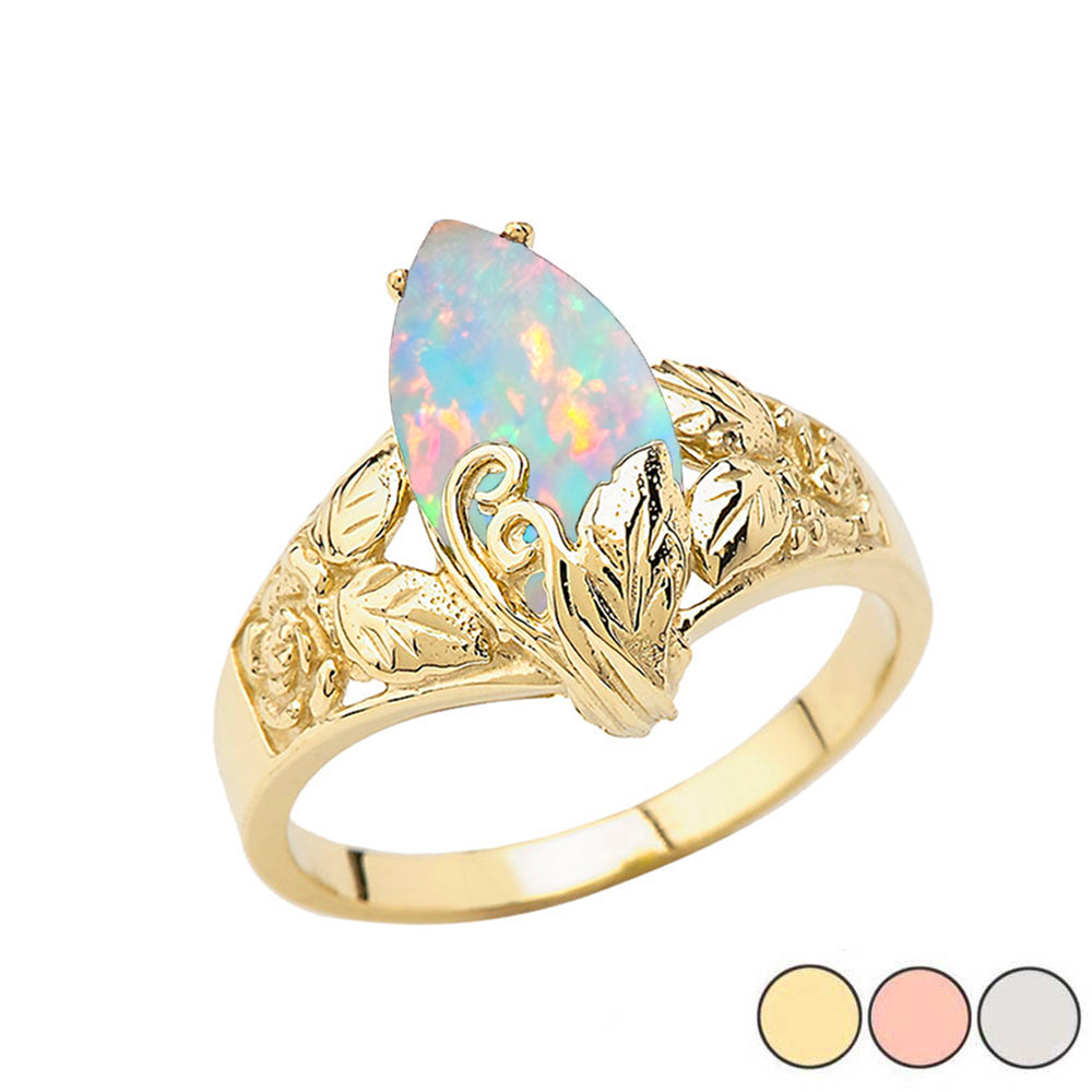 Filigree Floral Simulated Opal Marquise Ring In Gold