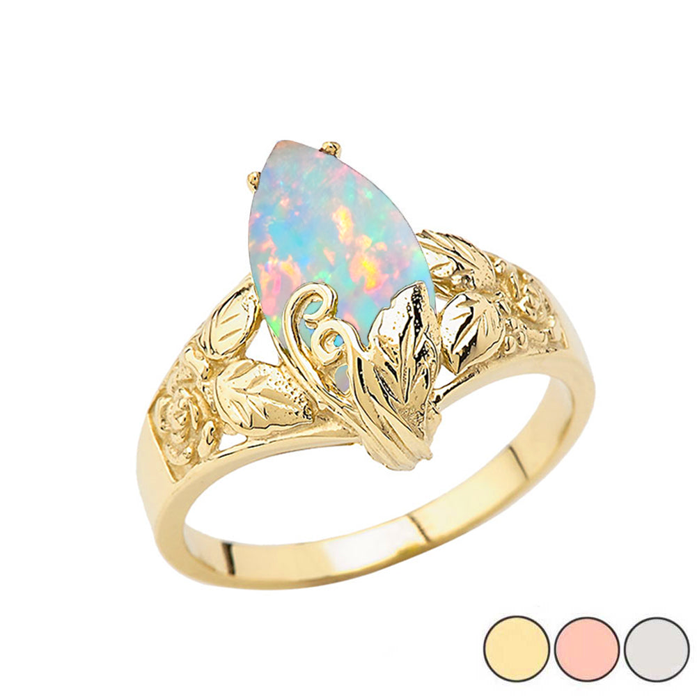 Filigree Floral Simulated Opal Marquise Ring In Gold