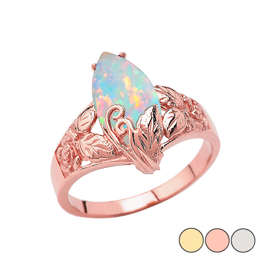 Filigree Floral Simulated Opal Marquise Ring In Gold, view 2
