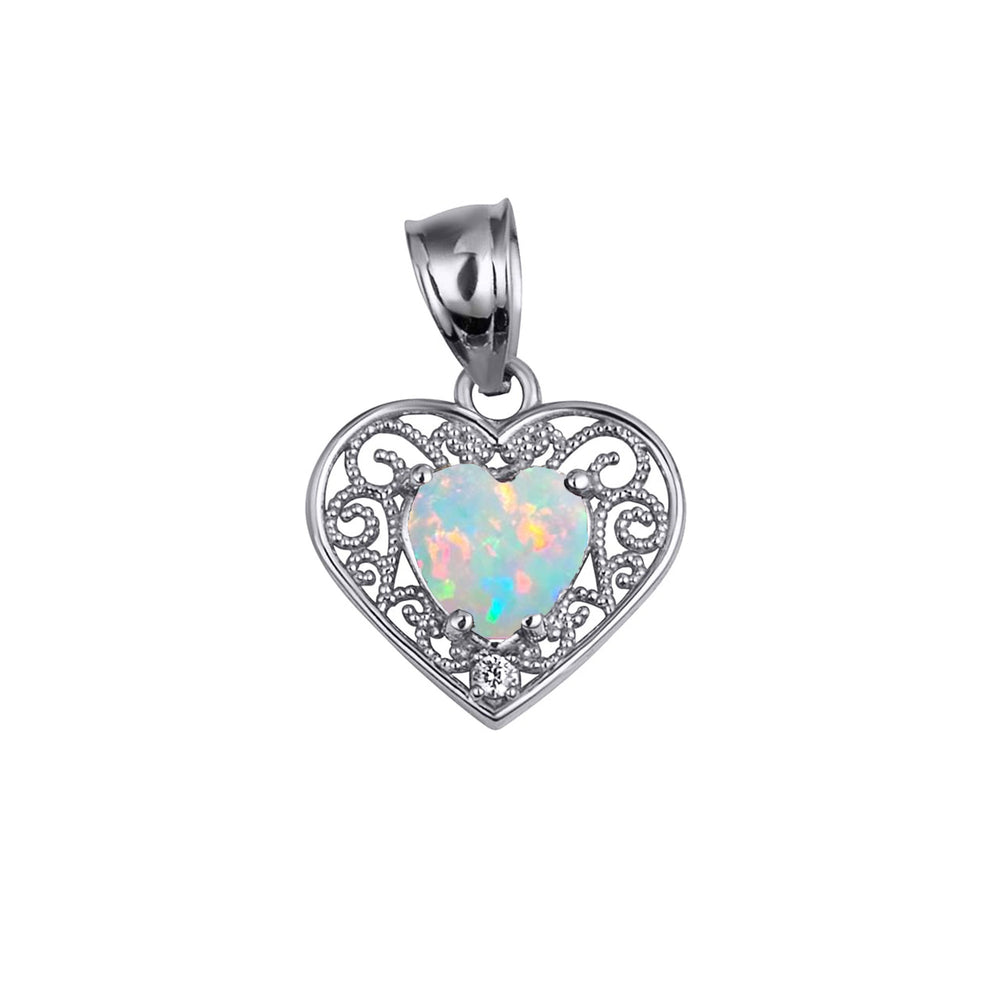 Filigree Heart Opal Birthstone Pendant Necklace