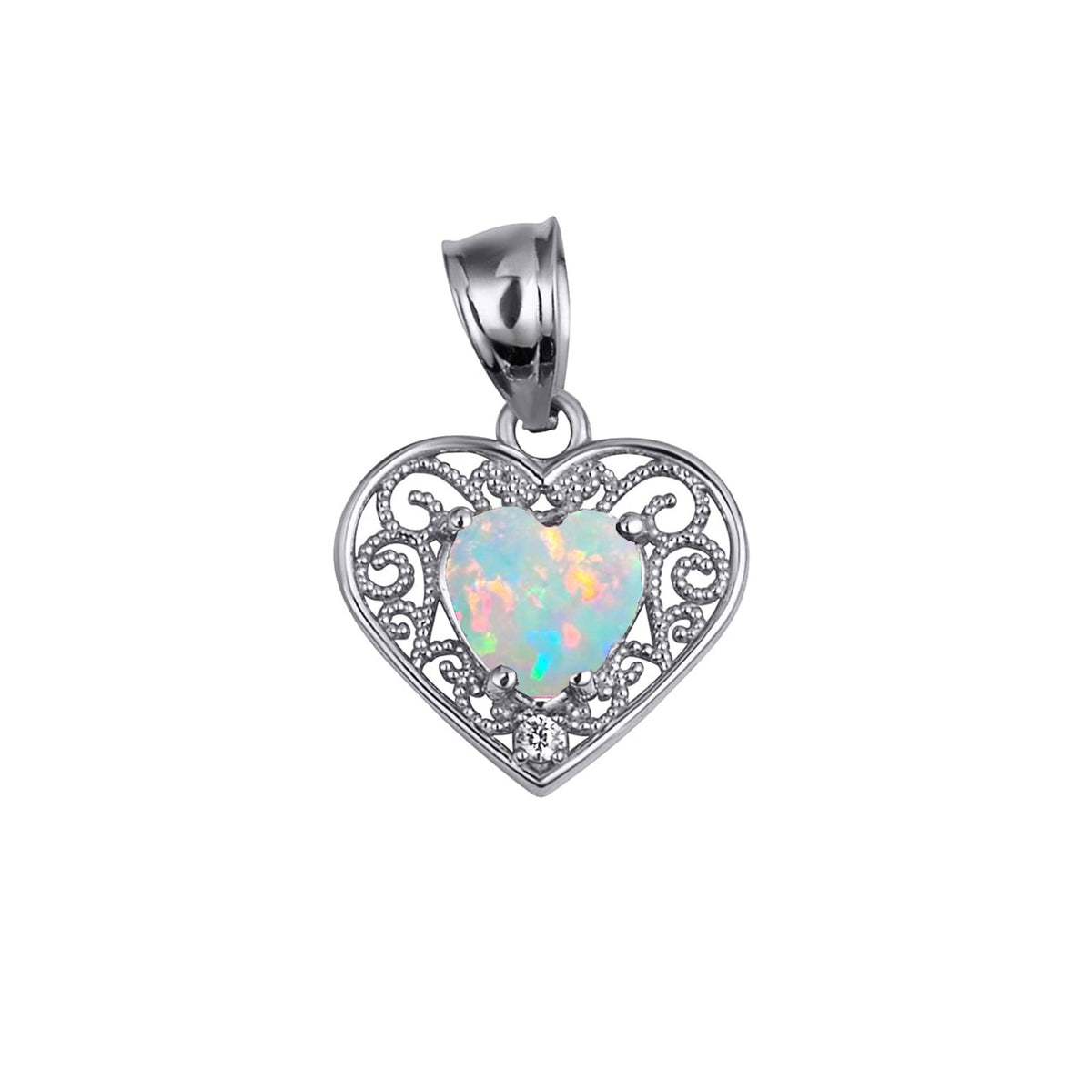 Filigree Heart Opal Birthstone Pendant Necklace