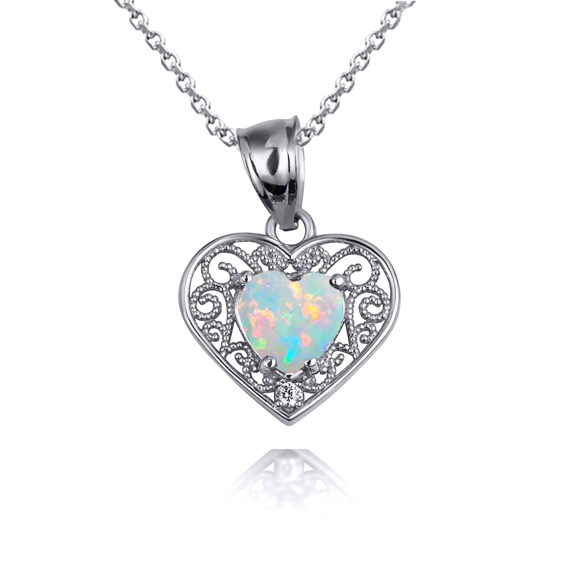 Filigree Heart Opal Birthstone Pendant Necklace, view 2
