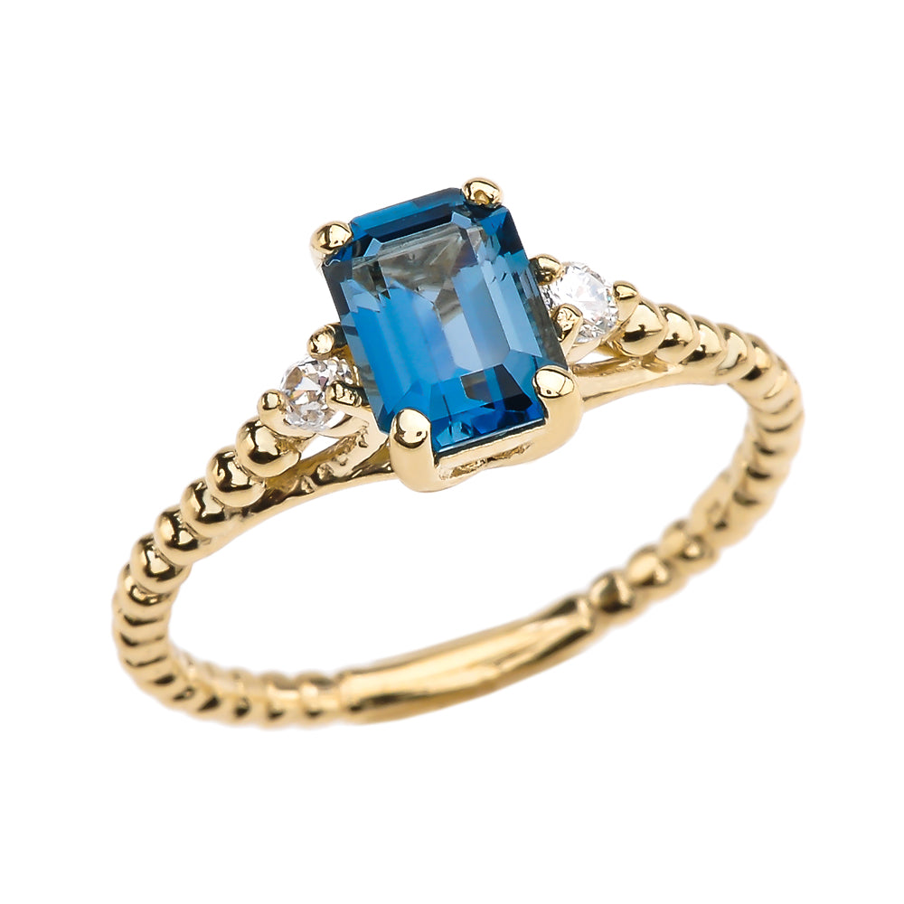 Gold 1.5 Carat Emerald Cut London Blue Topaz Birthstone Ring with White Topaz