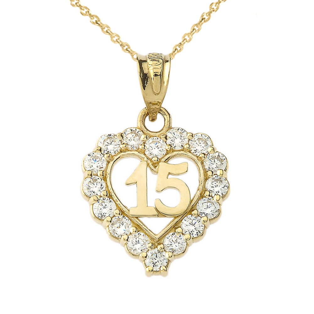 Gold 15 Años Quinceañera Heart Pendant Necklace with Cubic Zirconia