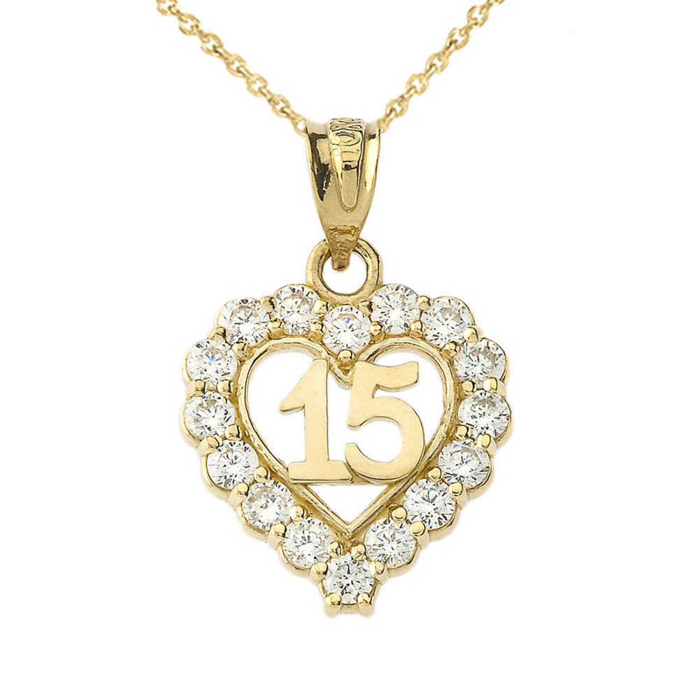 Gold 15 Años Quinceañera Heart Pendant Necklace with Cubic Zirconia