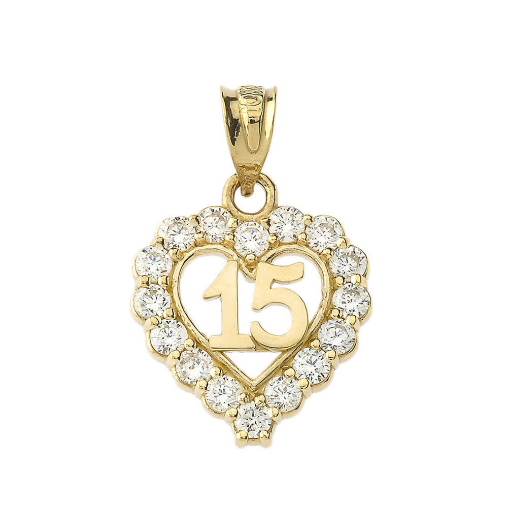 Gold 15 Años Quinceañera Heart Pendant Necklace with Cubic Zirconia, view 2