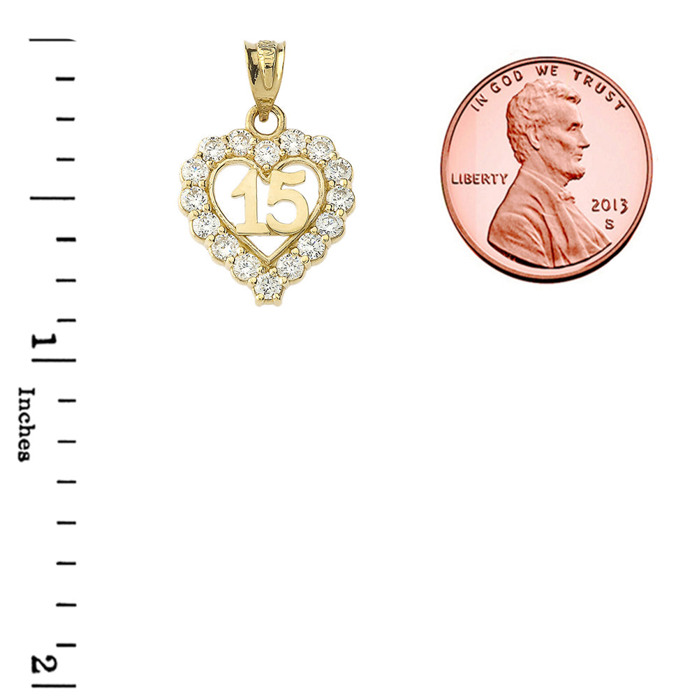 Gold 15 Años Quinceañera Heart Pendant Necklace with Cubic Zirconia, view 3