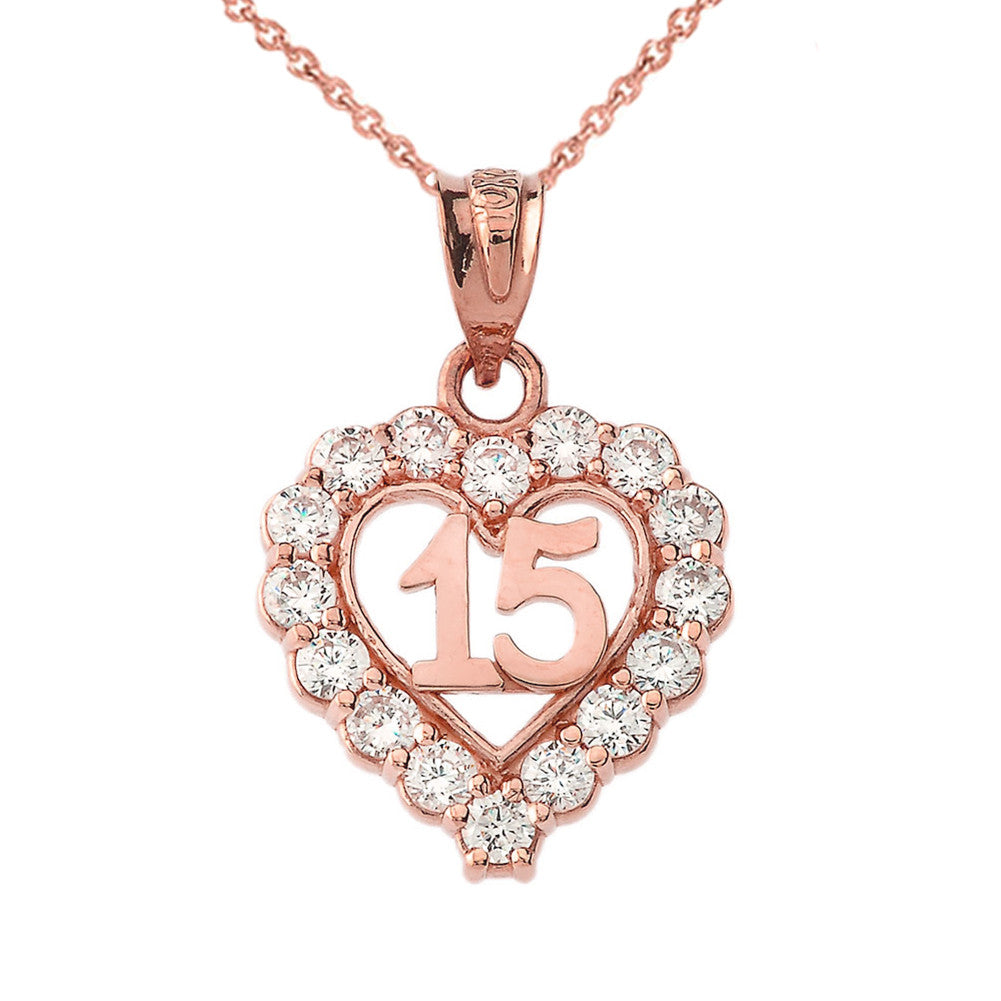 Gold 15 Años Quinceañera Heart Pendant Necklace with Cubic Zirconia, view 4