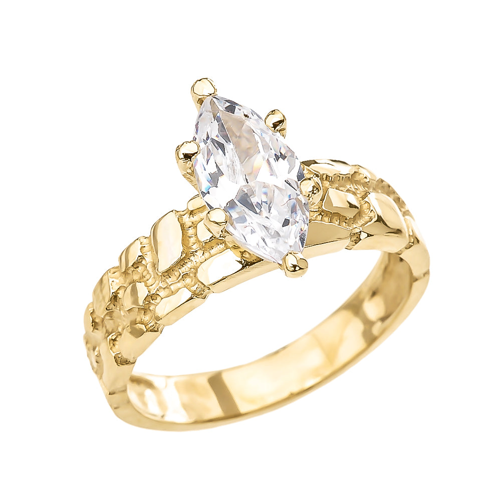 Gold 2.5 Carat Marquise CZ Solitaire Nugget Engagement Ring