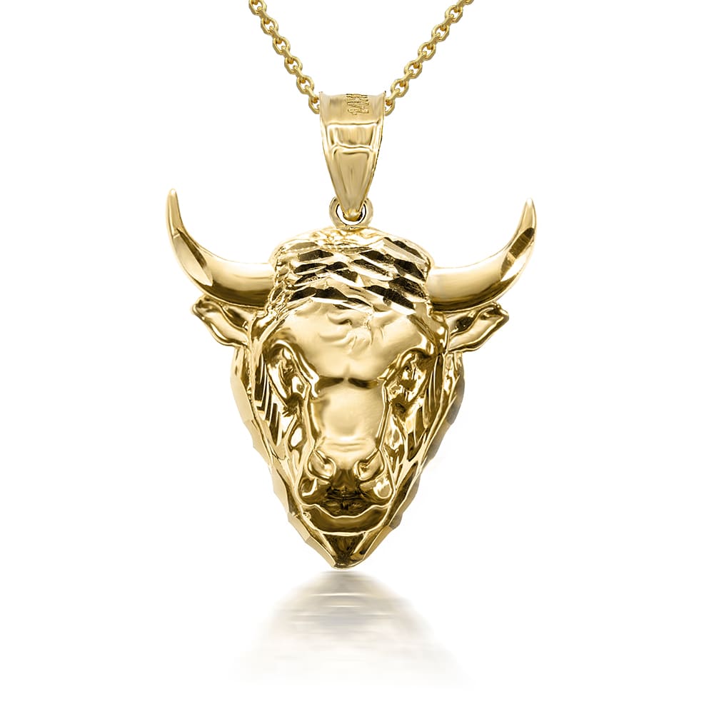 Gold 3D Bull Head Caged Back Pendant Necklace, view 4