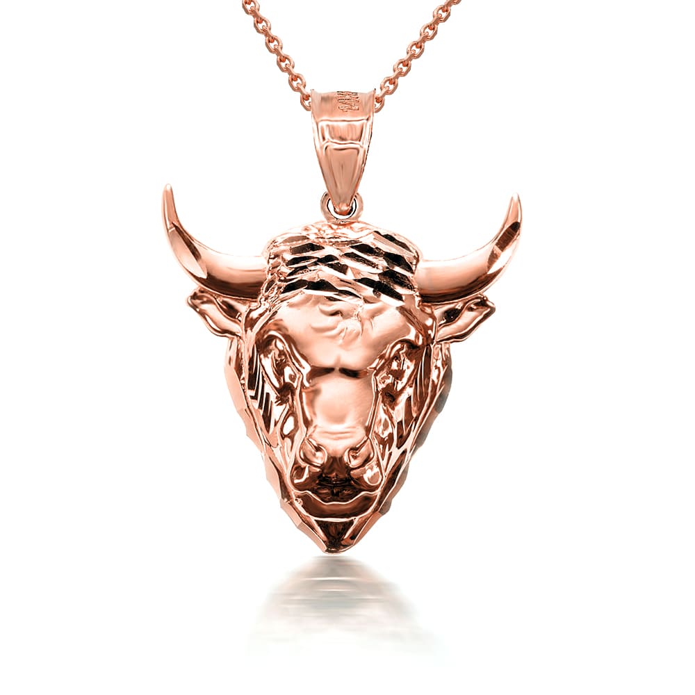 Gold 3D Bull Head Caged Back Pendant Necklace, view 8