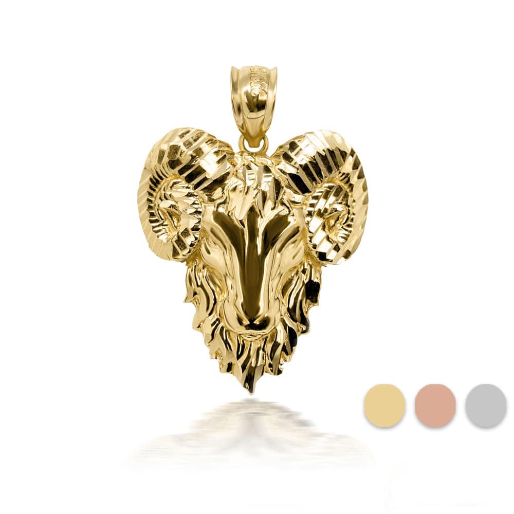 Gold 3D Diamond Cut Ram Head Bighorn Mountain Sheep Caged Back Pendant Necklace