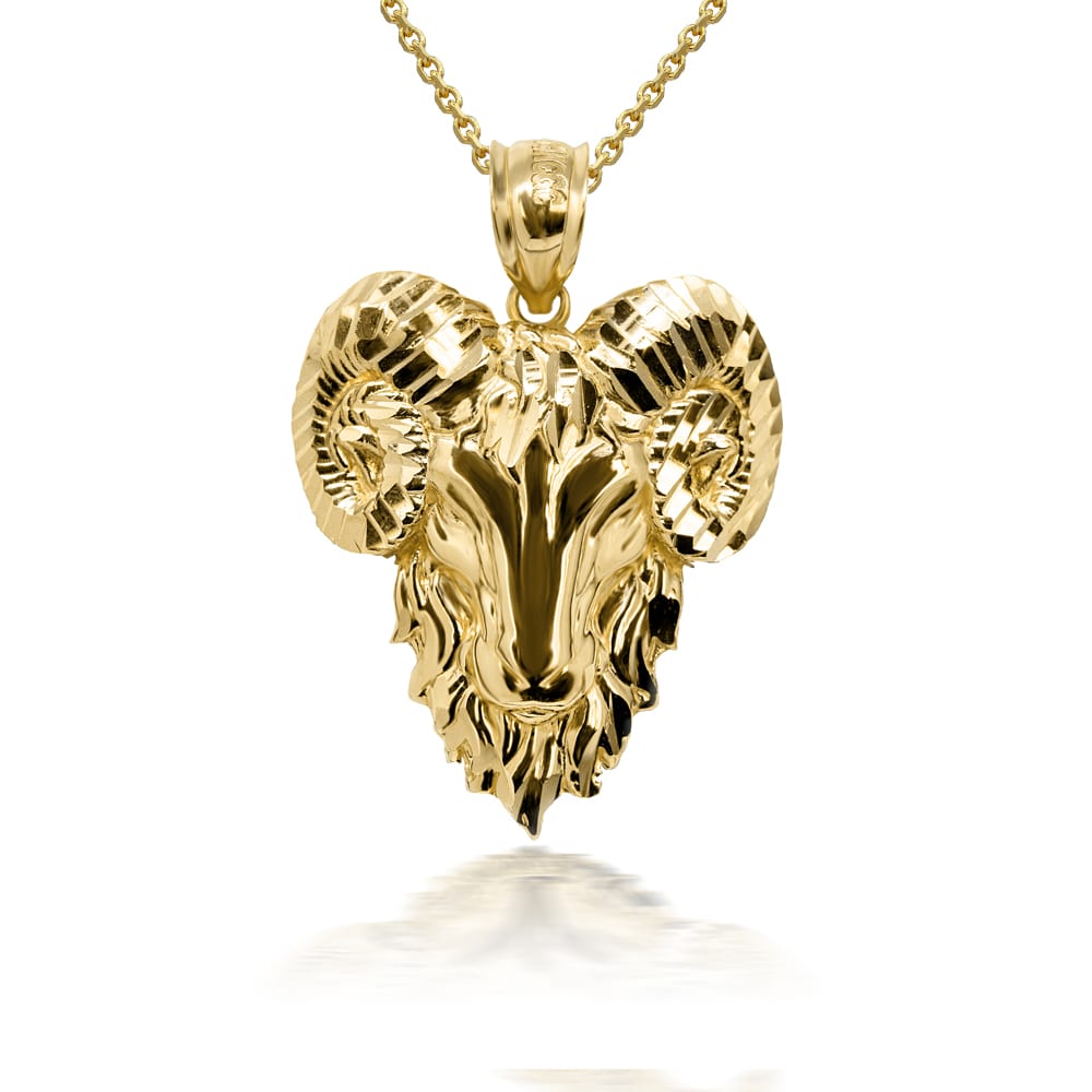 Gold 3D Diamond Cut Ram Head Bighorn Mountain Sheep Caged Back Pendant Necklace, view 4