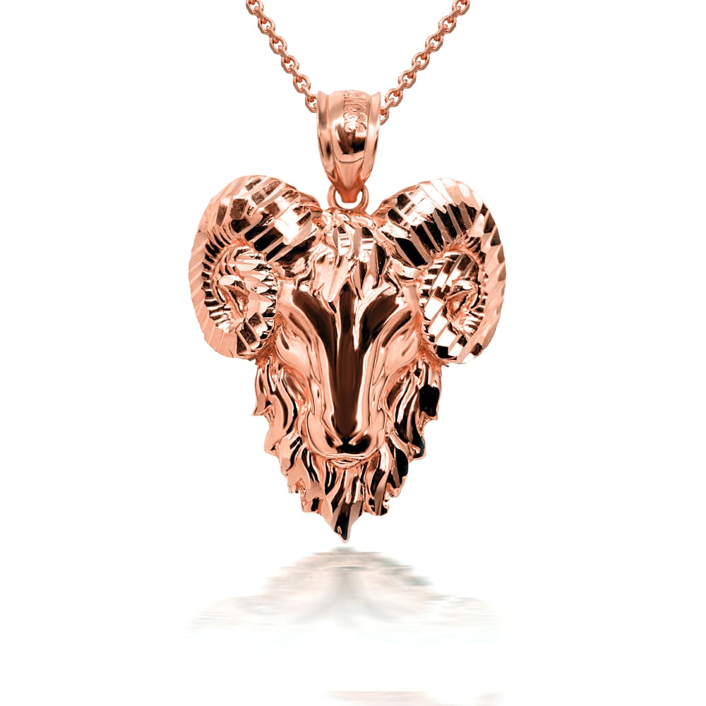 Gold 3D Diamond Cut Ram Head Bighorn Mountain Sheep Caged Back Pendant Necklace, view 8