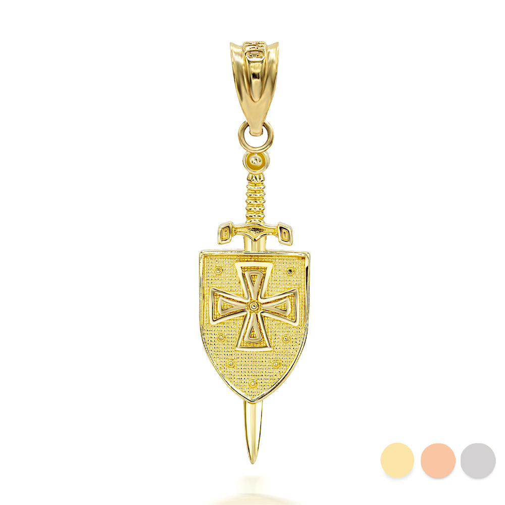 Gold 3D Saint Michael Sword & Shield Cross Pendant Necklace