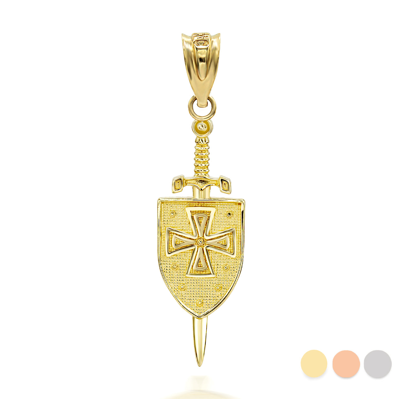 Gold 3D Saint Michael Sword & Shield Cross Pendant Necklace